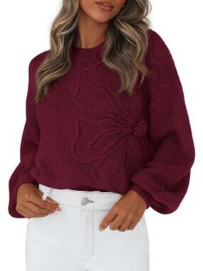 Chunky Oversized Floral Pullover Sweater Crew Neck Lantern Sleeve Loose Fit
